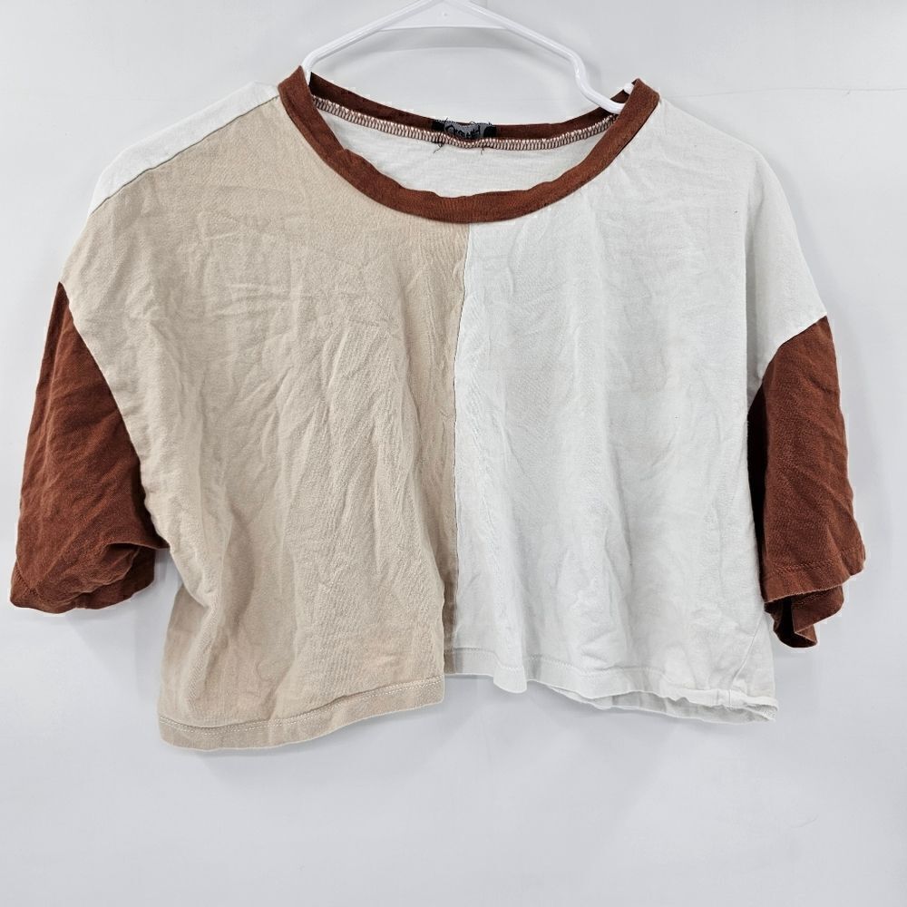 Justify color block crop top brown tan white large